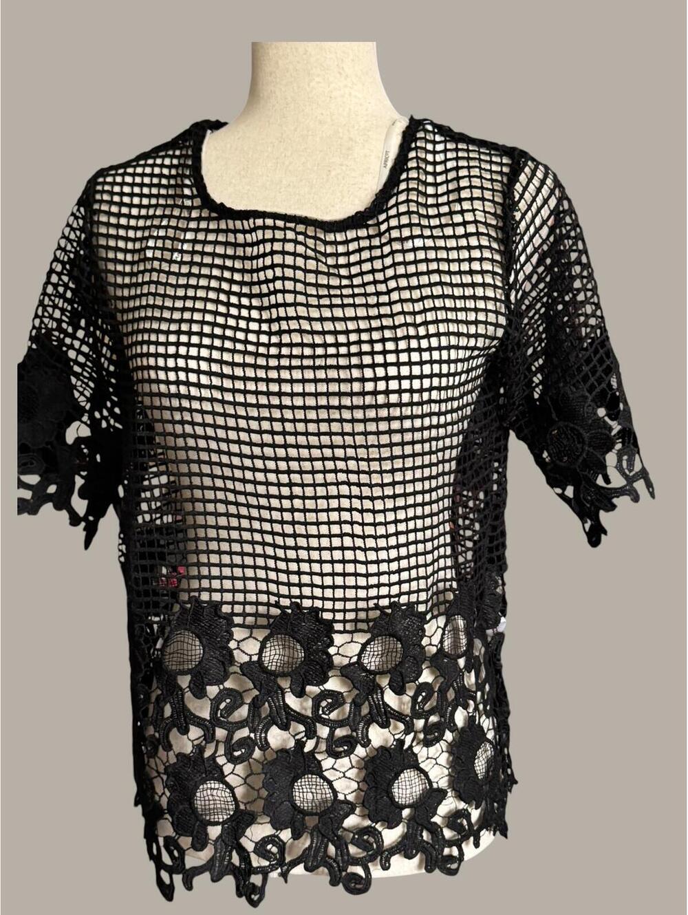 Apricot Black Mesh Floral Lace Short Sleeve Top Size S/M